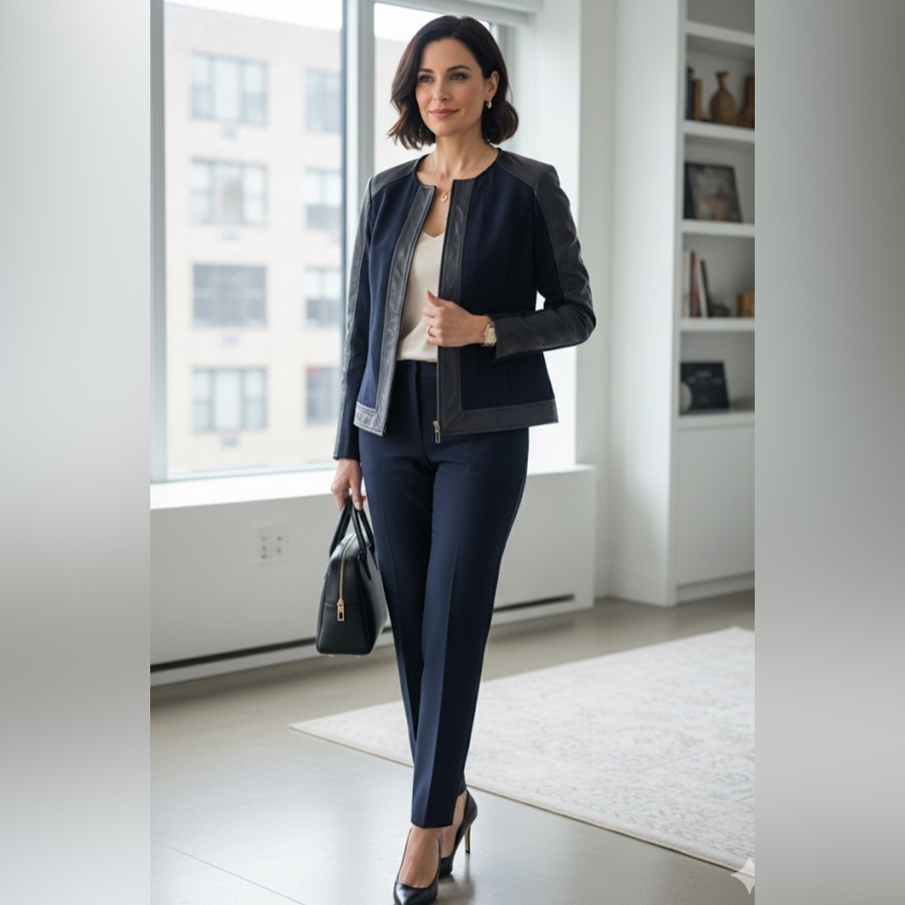St. John Collection Full Zip Leather Detail Blazer Size 6
